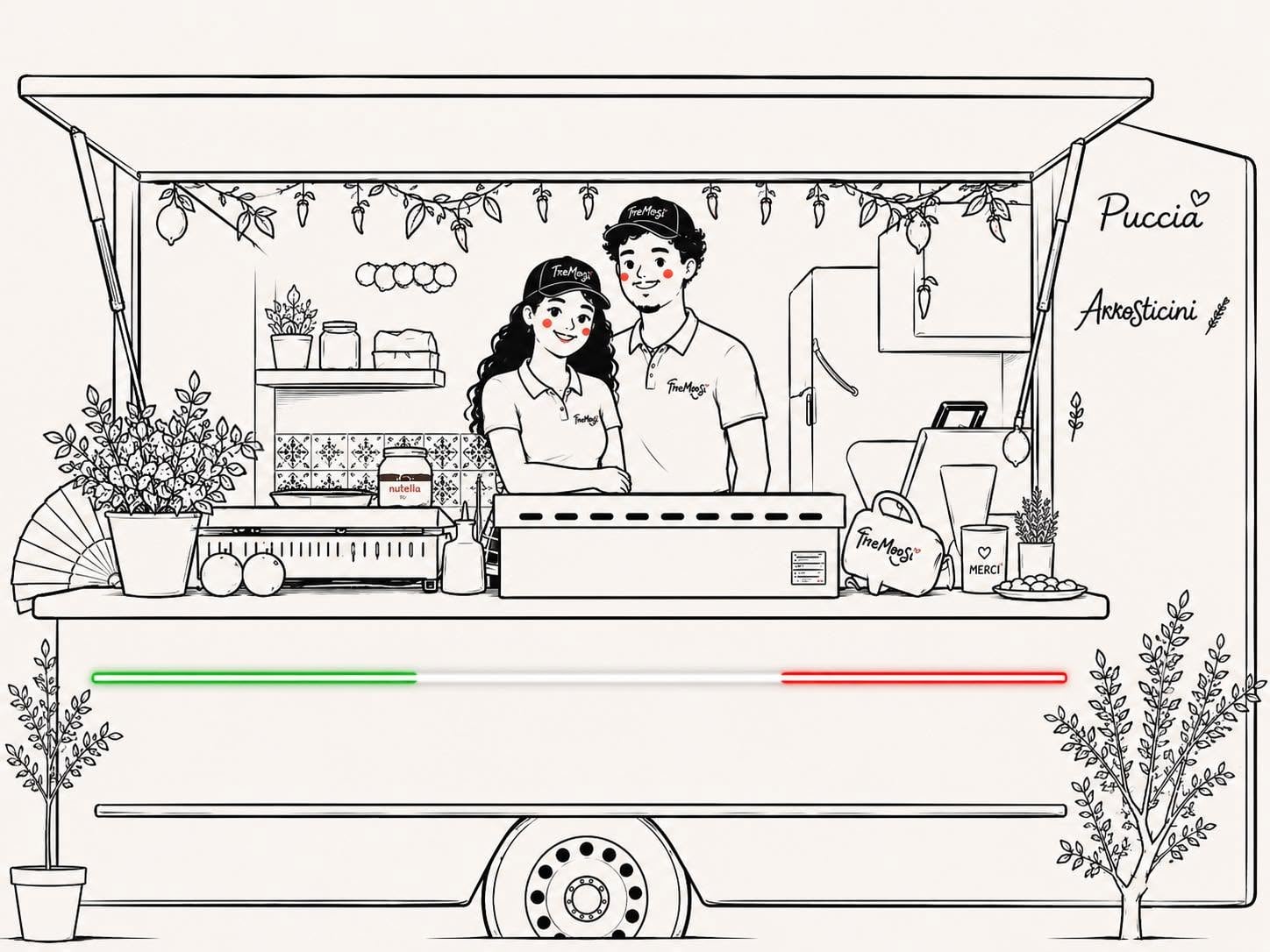 Illustration du food truck Tre Mor Si : le couple derrière le comptoir, guirlande de piments, néon tricolore