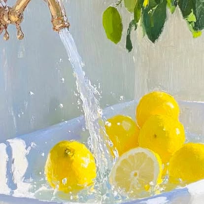 Citrons jaunes sous un filet d'eau, peinture ensoleillée