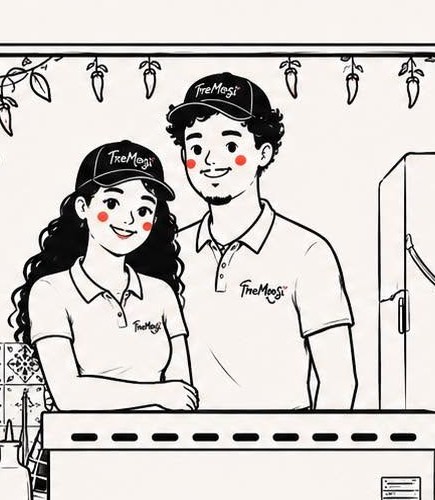 Le couple dessiné au trait, derrière le comptoir du camion